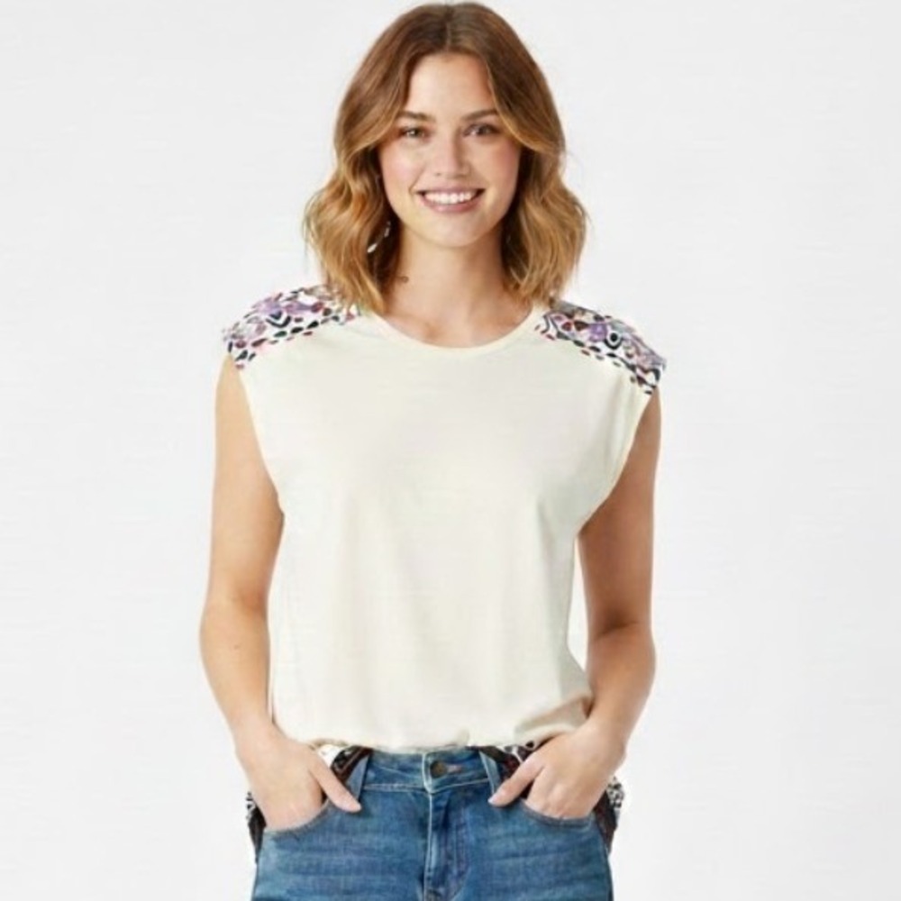 Lucky Brand Cream Embroidered Cap Sleeve Top Women's Size L Boho Casual